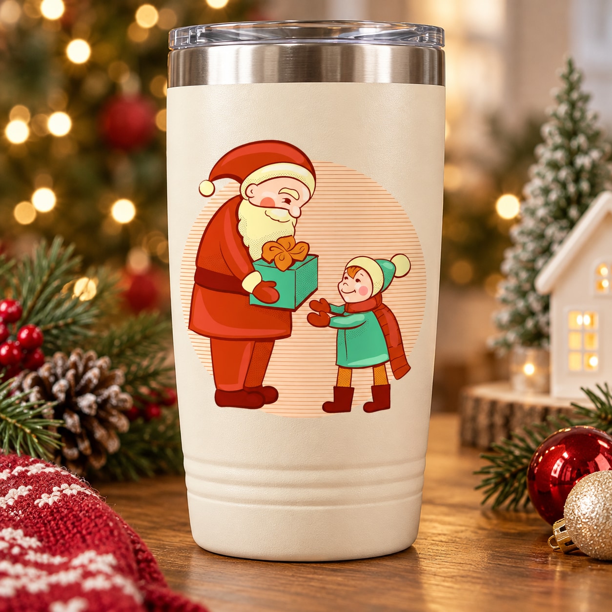 Santa and child holding gift cartoon sticker