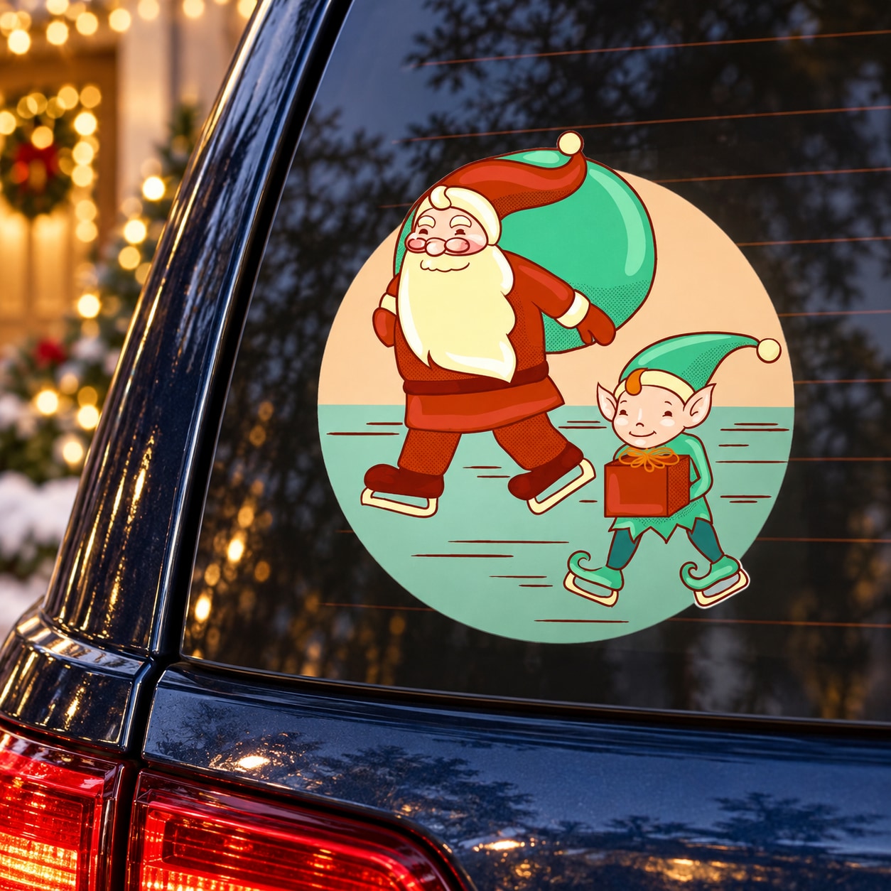Round sticker of Santa and an elf ice skating, green and red characters
