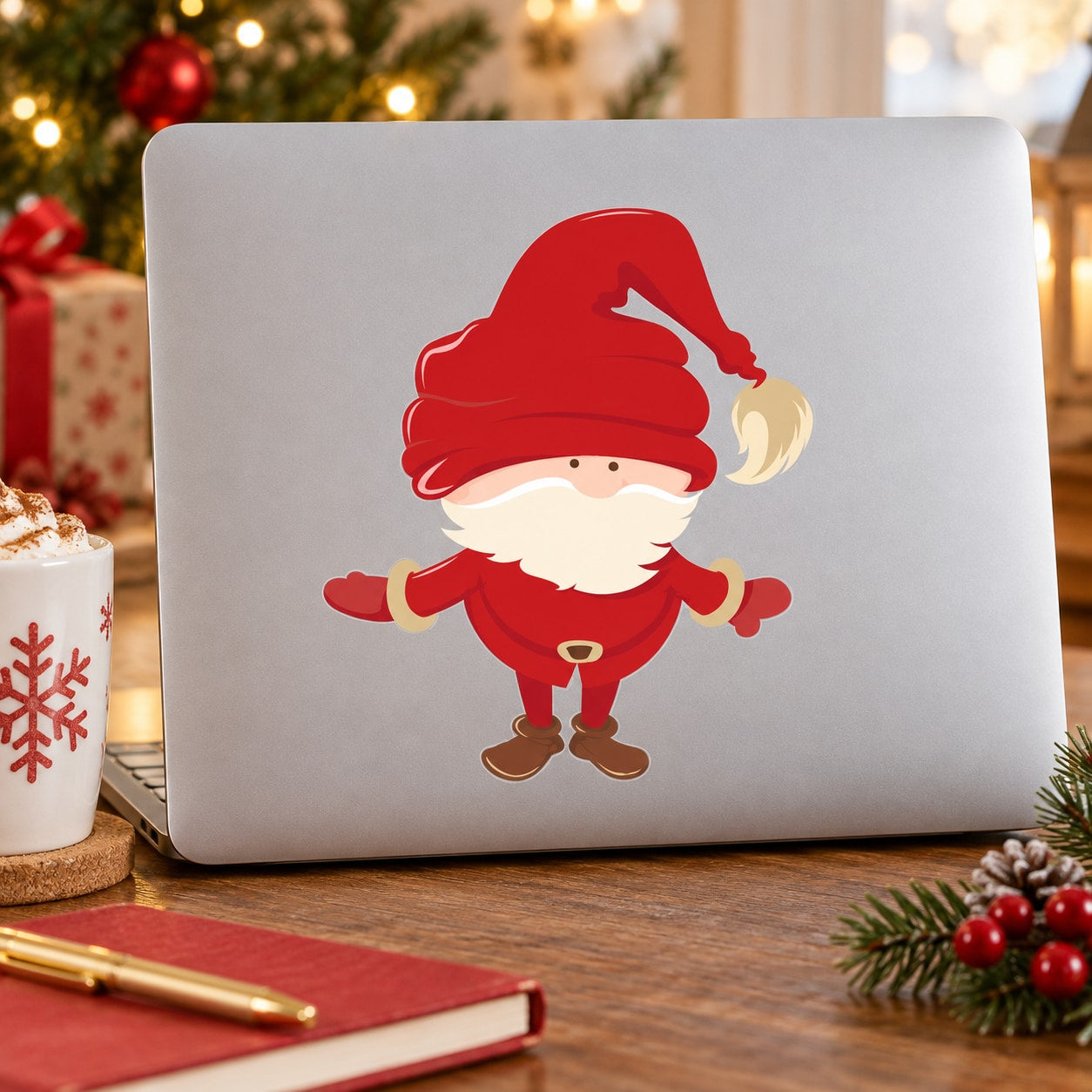 Red cartoon Santa vinyl wall decal sticker with white beard and hat