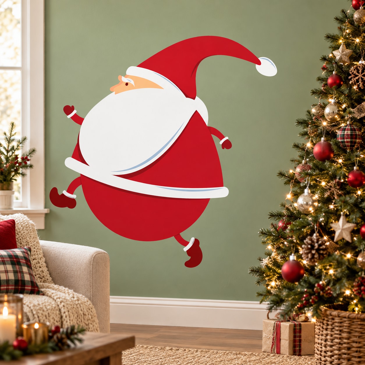 Santa Claus wall decal sticker with red hat and coat, white beard, arms out