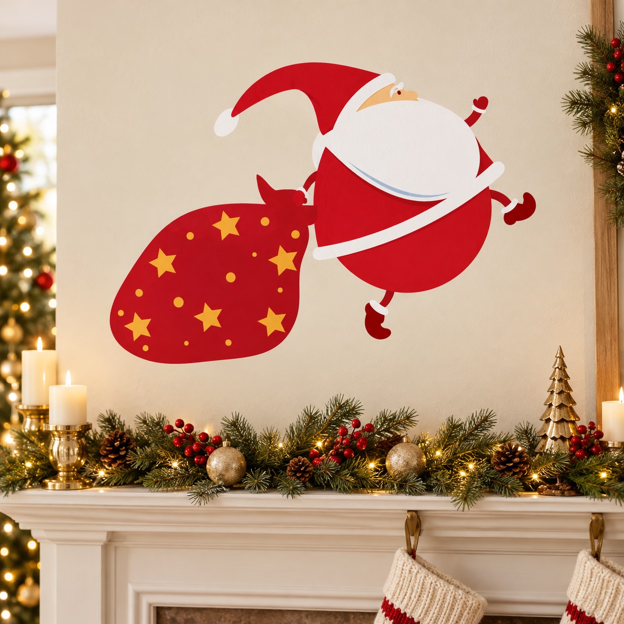 Christmas sticker: red Santa pulling a gift sack with gold star accents