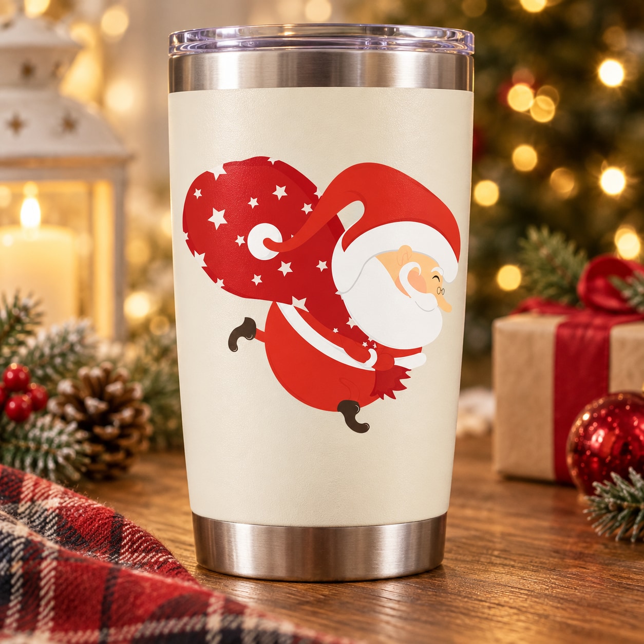 Santa carrying Christmas presents sticker with red Santa and white hat on cream backing