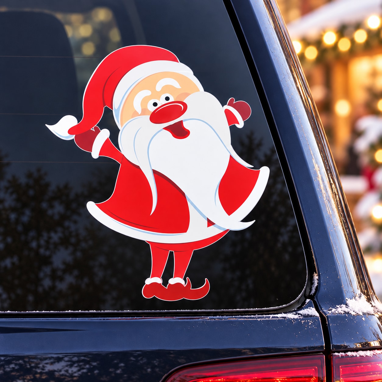 Santa Claus vinyl sticker on car window: red suit, white beard, waving Santa