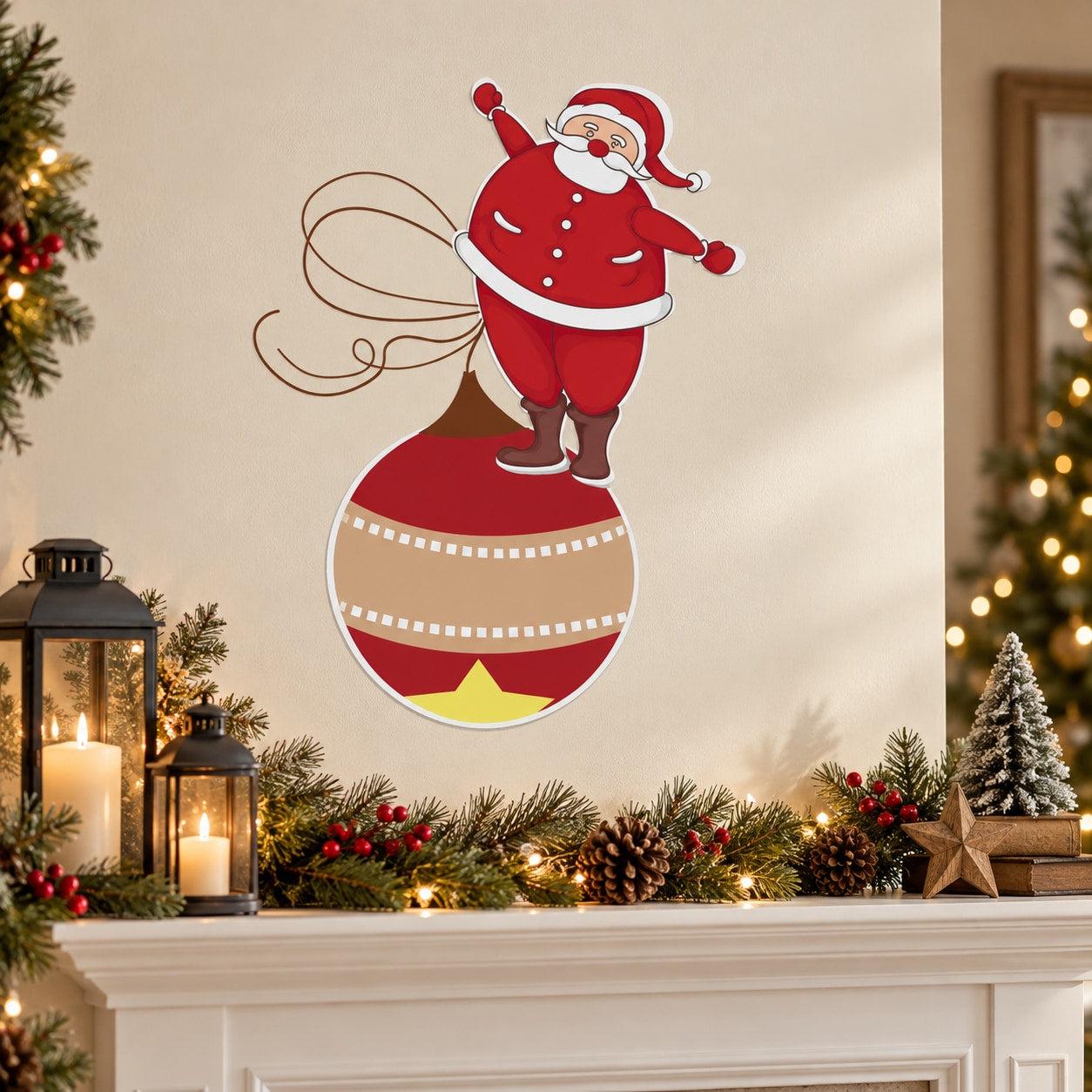Santa Claus swinging on a red Christmas ornament wall sticker illustration