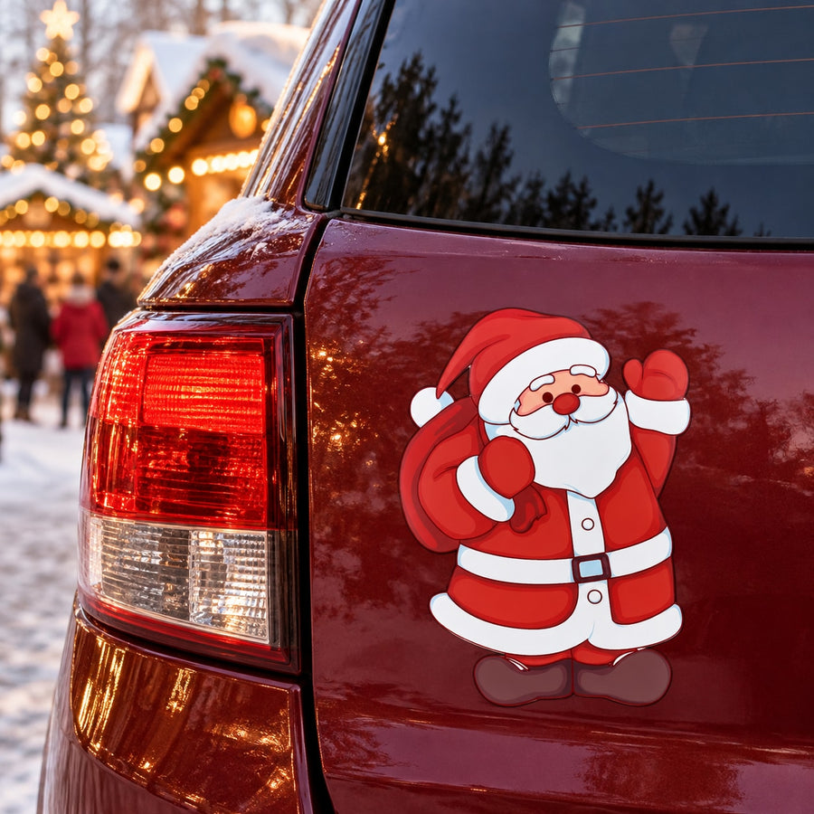 Santa vinyl sticker on red car door, cartoon Santa waving in red suit