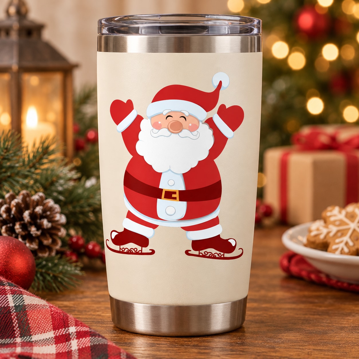 Stainless tumbler with Santa Claus ice-skates graphic