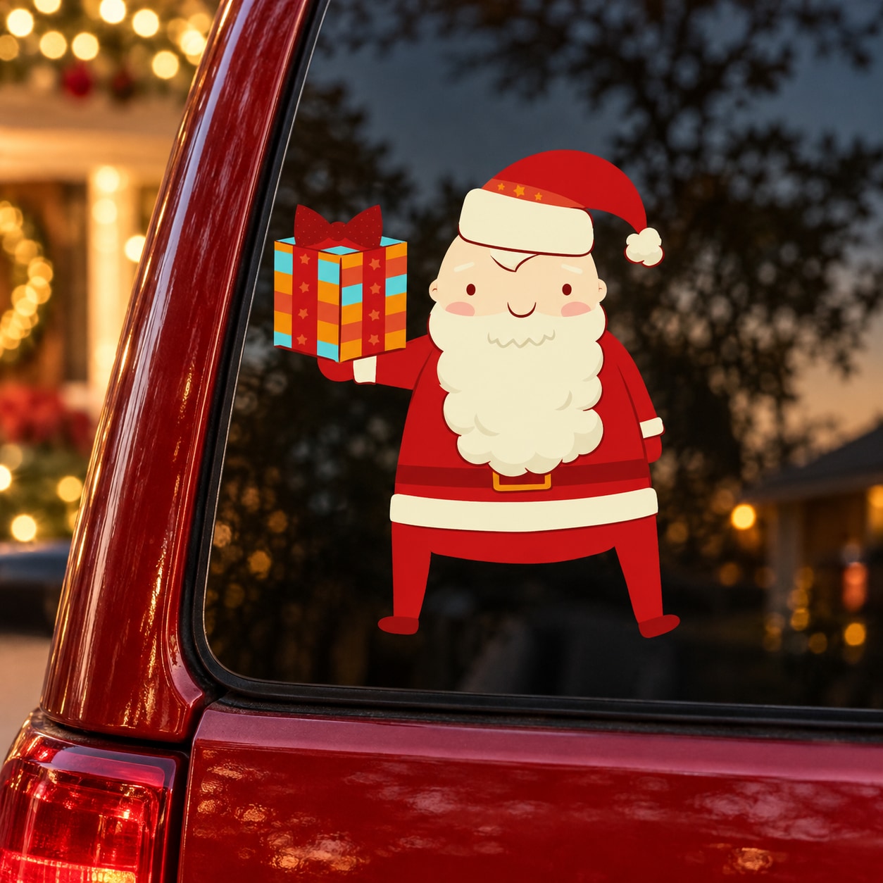 Santa Claus window sticker showing a red Santa holding a colorful gift box