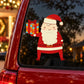 Santa Claus window sticker showing a red Santa holding a colorful gift box