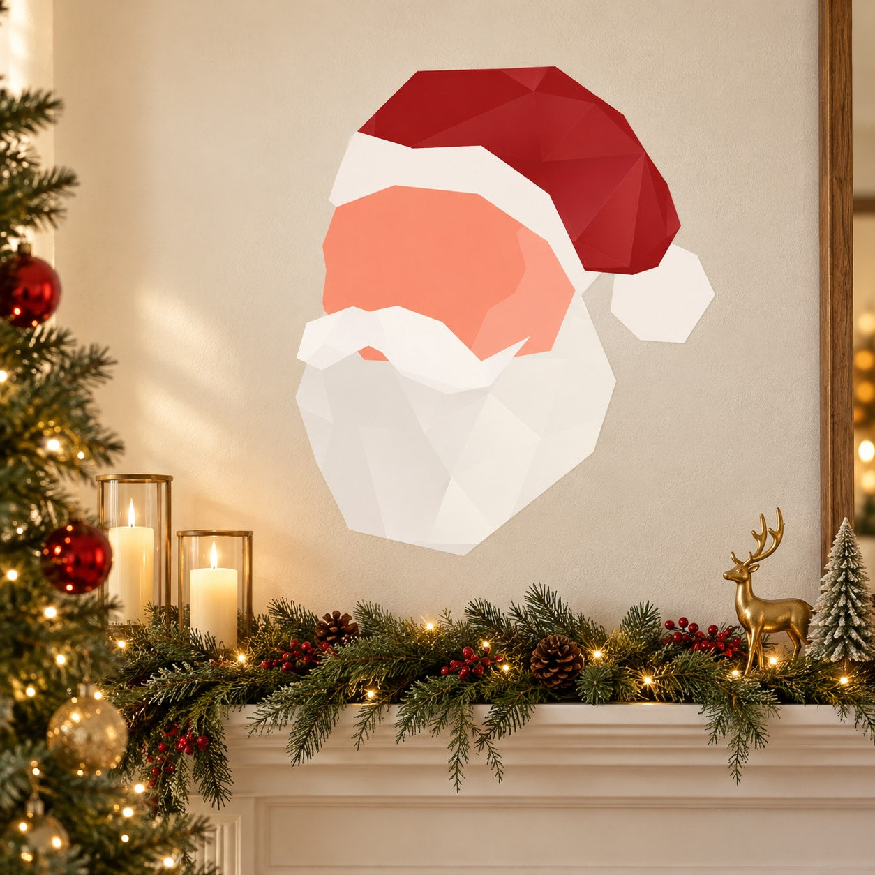 Origami-style Santa head sticker with red hat and white beard