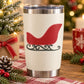 Santa sled printed die-cut decal on beige insulated tumbler, red sleigh with black trim