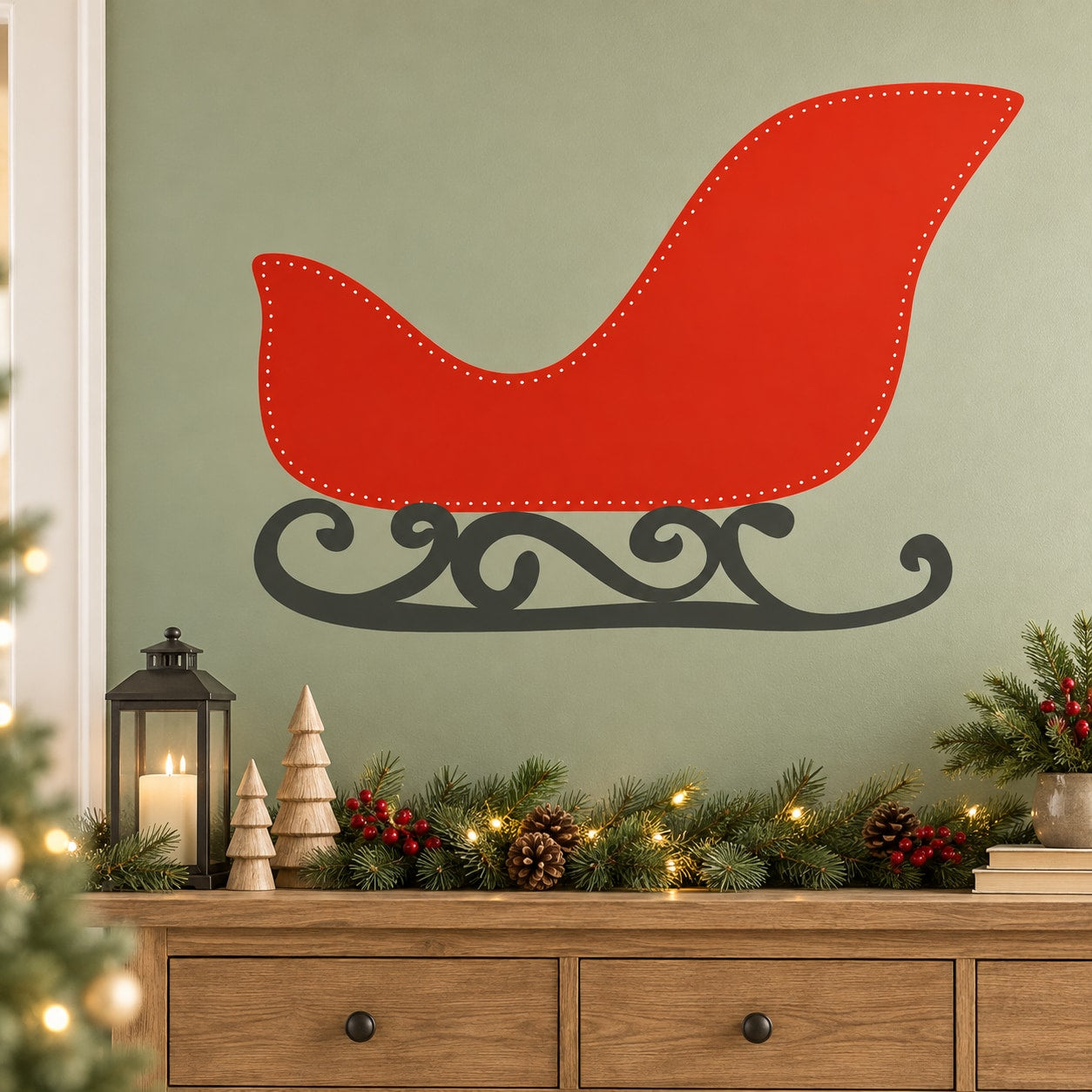 Santa sled vinyl wall decal with red sled and black scroll runner