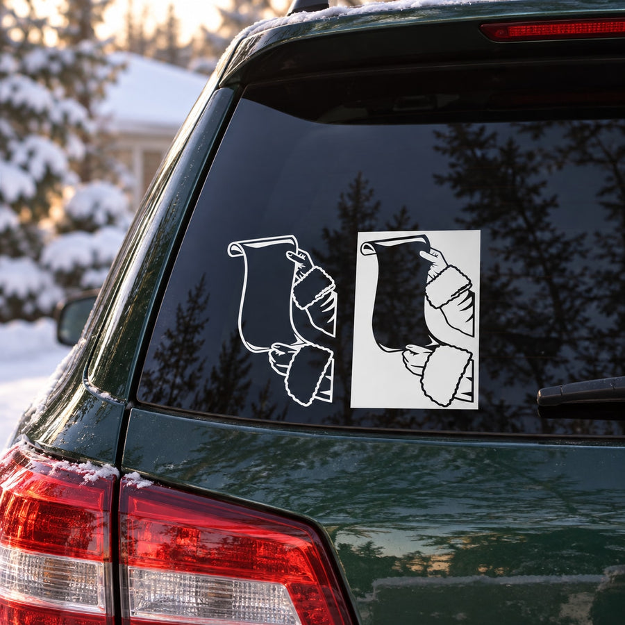 Santa's List vinyl decal set with two Santa holding list figures on car window