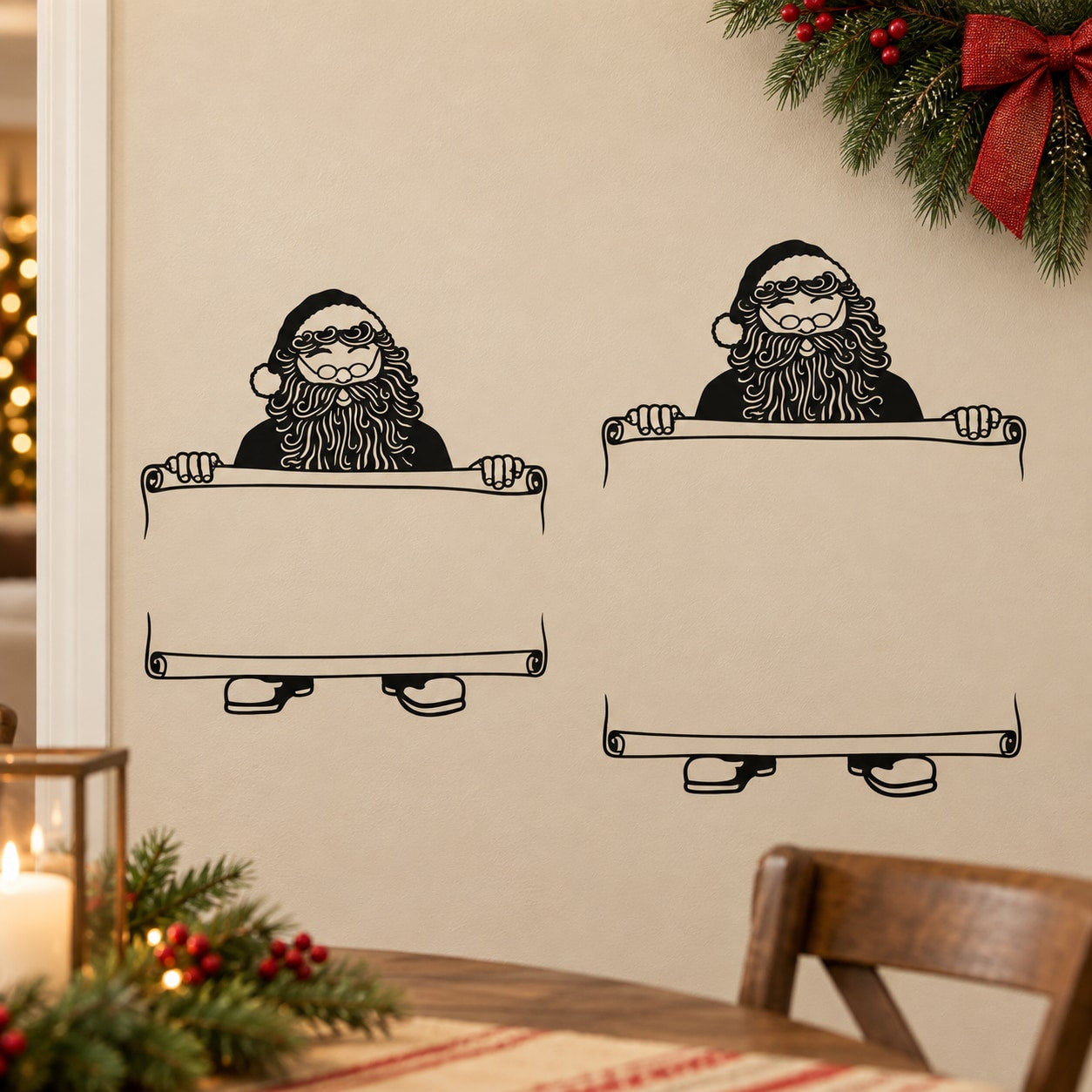 Santa character vinyl wall decal of two Santas holding scroll banners