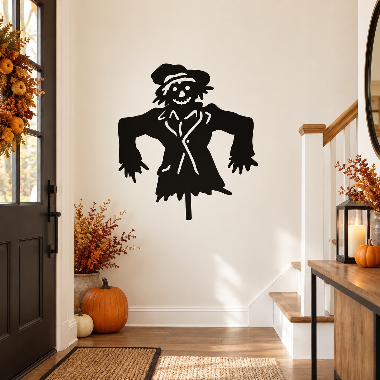 Happy scarecrow face wall decal with wide-brim hat and open smile, black silhouette
