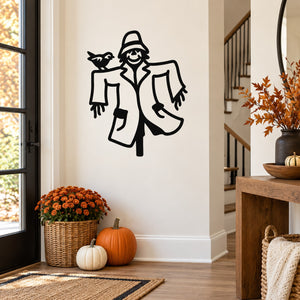 Scarecrow and bird wall decal, black outline graphic