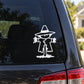 Black-and-white scarecrow vinyl decal on a car window