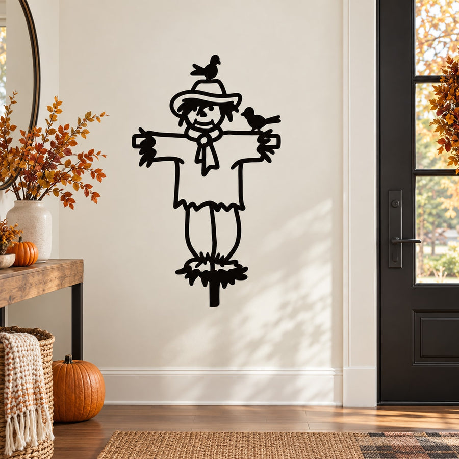 Scarecrow with birds wall decal, black outline silhouette with hat and outstretched arms