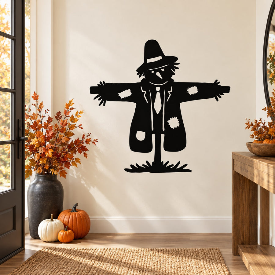 Black scarecrow wall decal with wide-brim hat, arms out, and buttoned vest