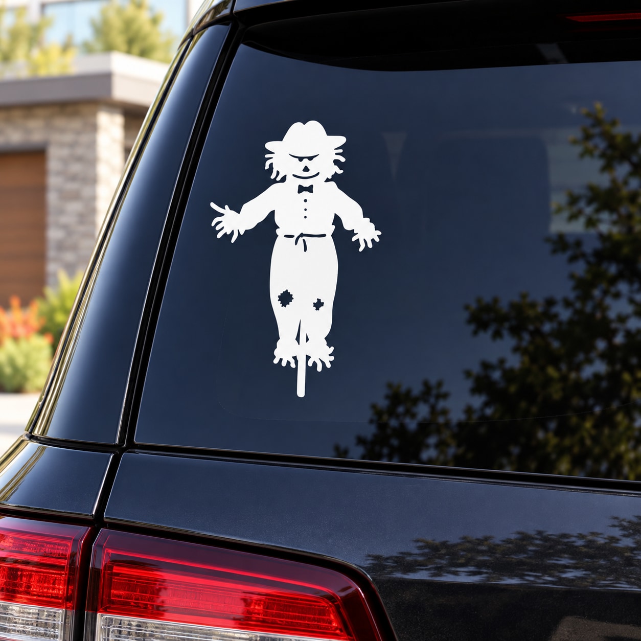 Sacrecrow decal: white scarecrow cartoon figure on a dark car window.