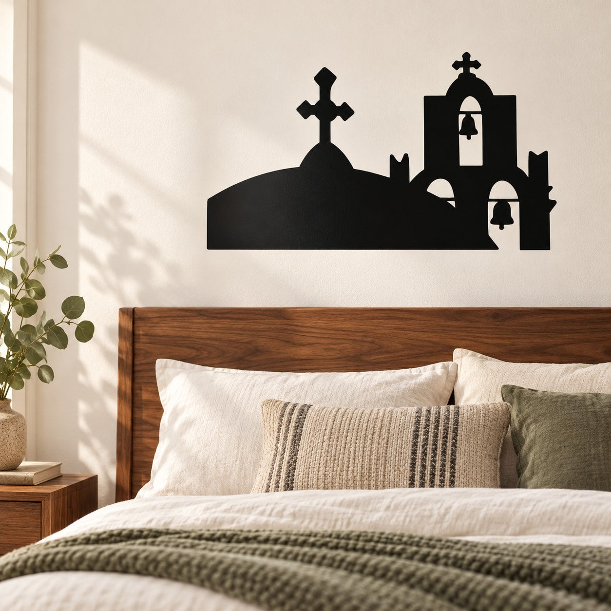 Church bells wall decal, black silhouette church with cross and bell tower