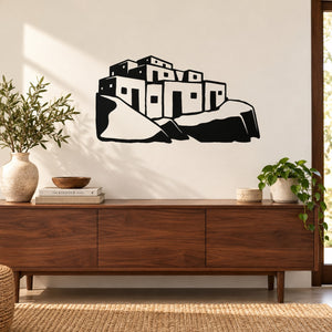 Black and white city skyline wall decal with bold block typography