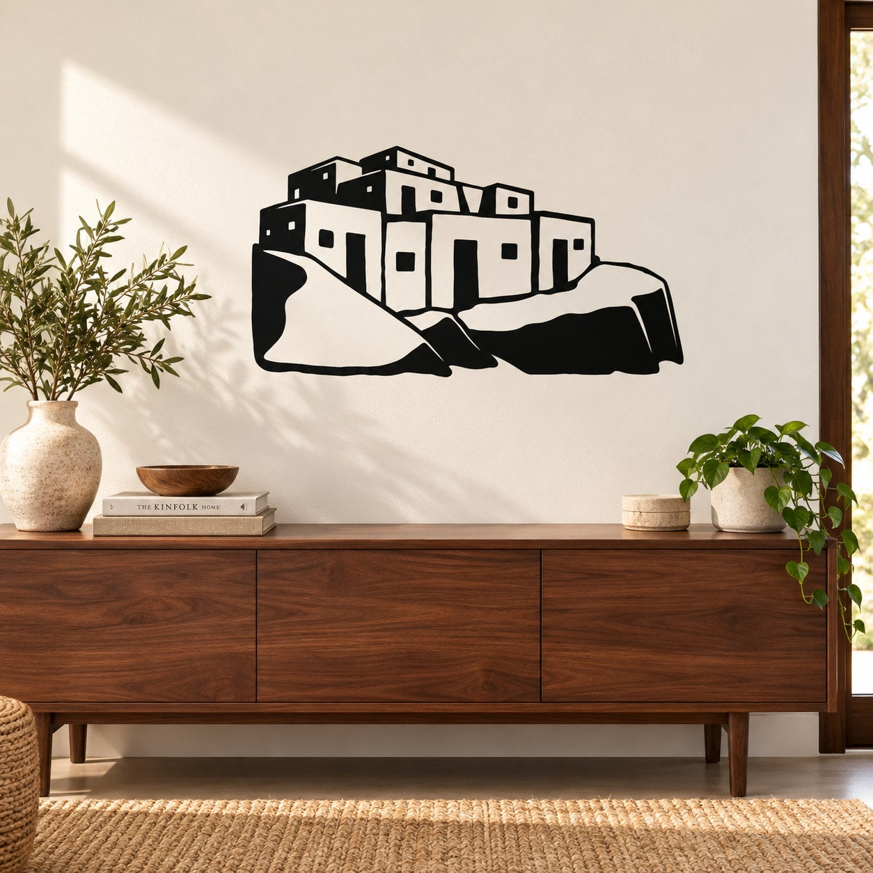 Black and white city skyline wall decal with bold block typography