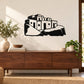 Black and white city skyline wall decal with bold block typography