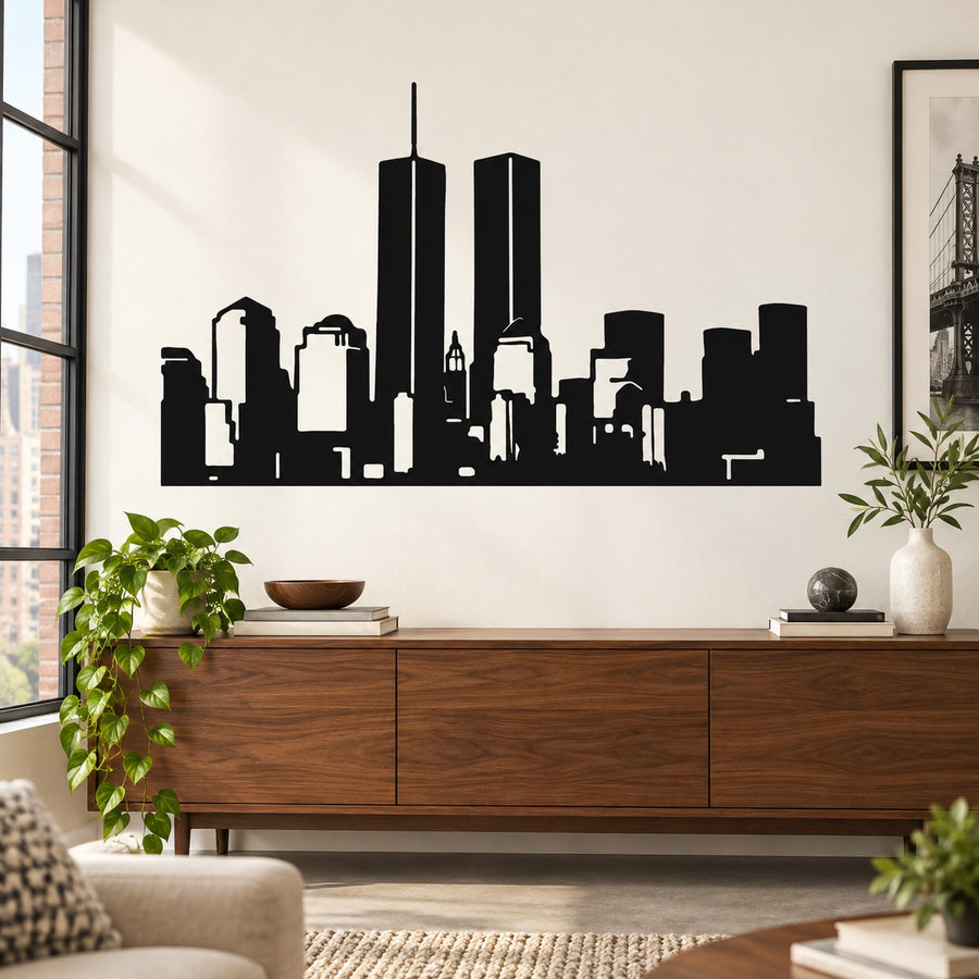 Black skyline wall decal with twin towers silhouette for modern city decor