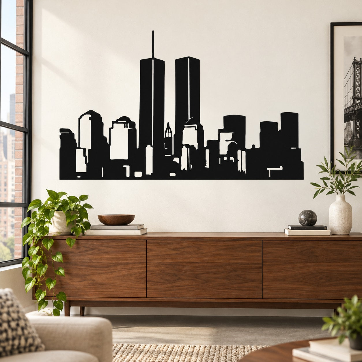 Black skyline wall decal with twin towers silhouette for modern city decor