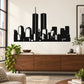 Black skyline wall decal with twin towers silhouette for modern city decor