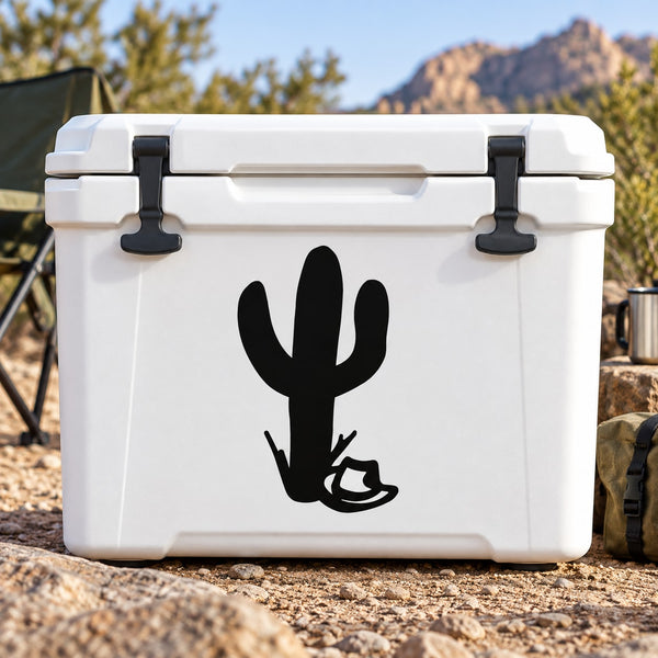White hard cooler with black cactus and hand decal