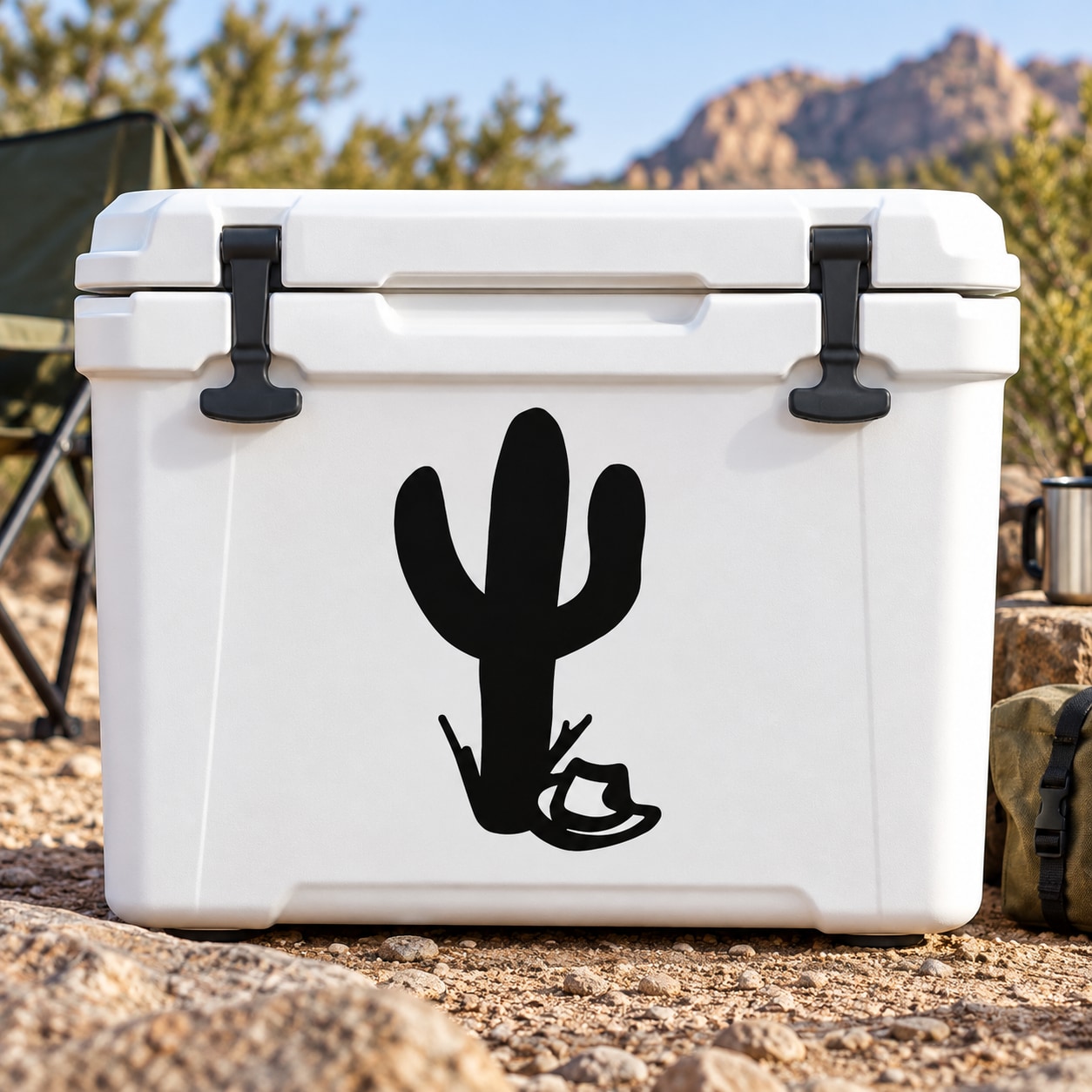 White hard cooler with black cactus and hand decal