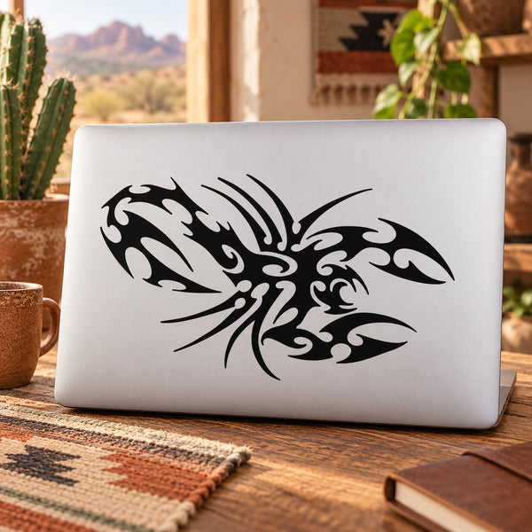 Black tribal scorpion decal sticker on white rectangular backing