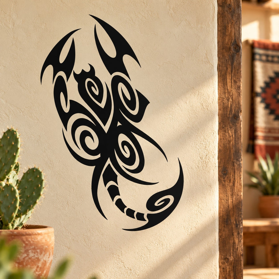 Tribal tattoo style scorpion decal, black tribal design on light surface