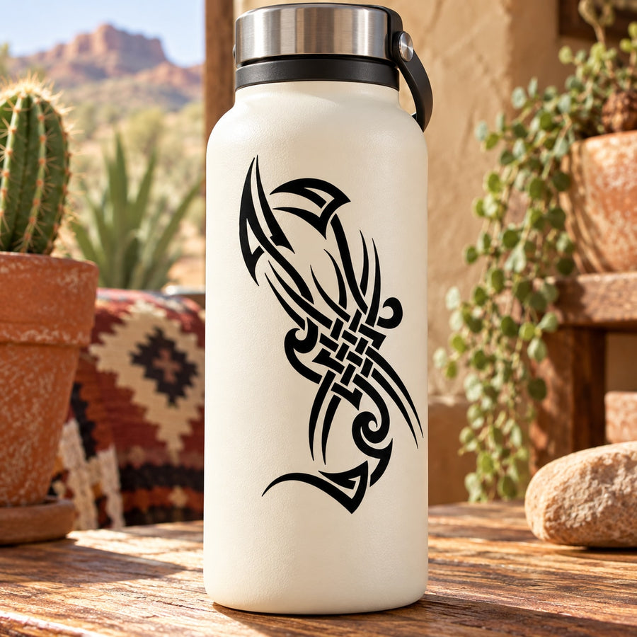 White bottle with black abstract scorpion decal