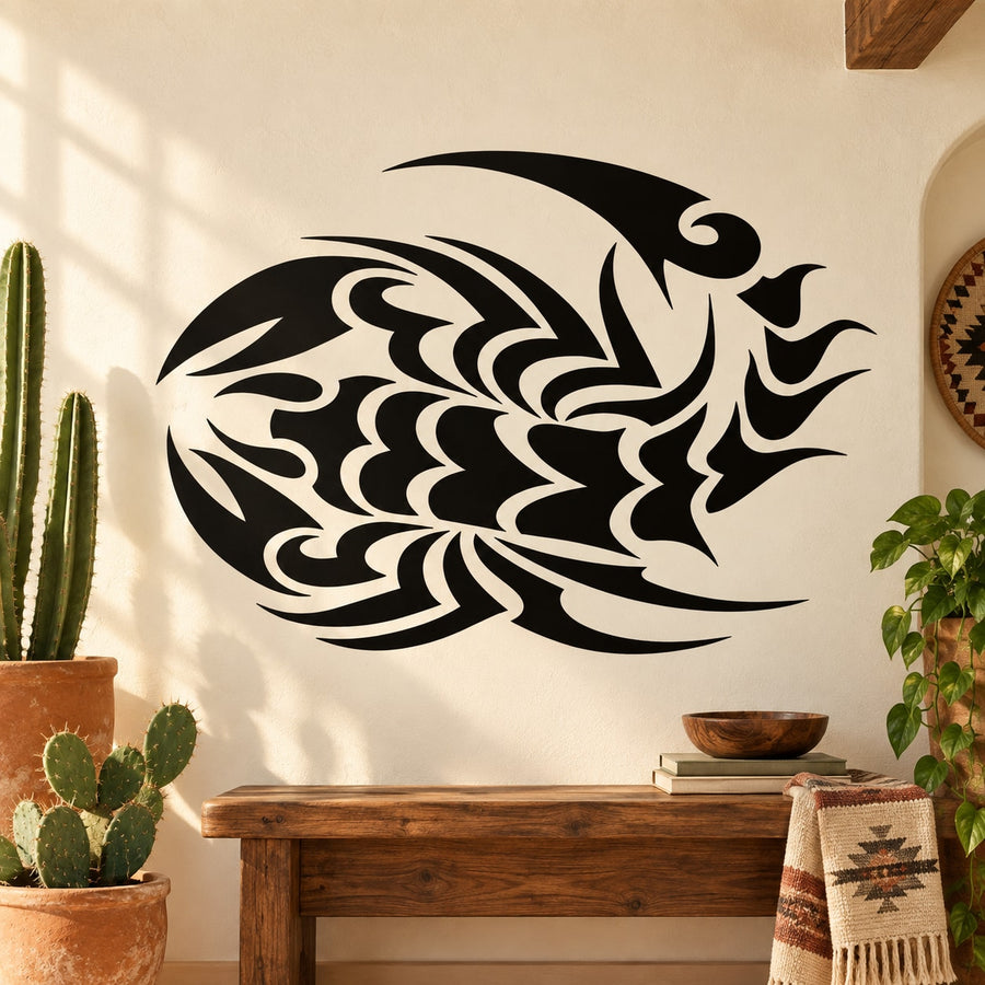 Tattoo-style scorpion tribal wall decal, black and white