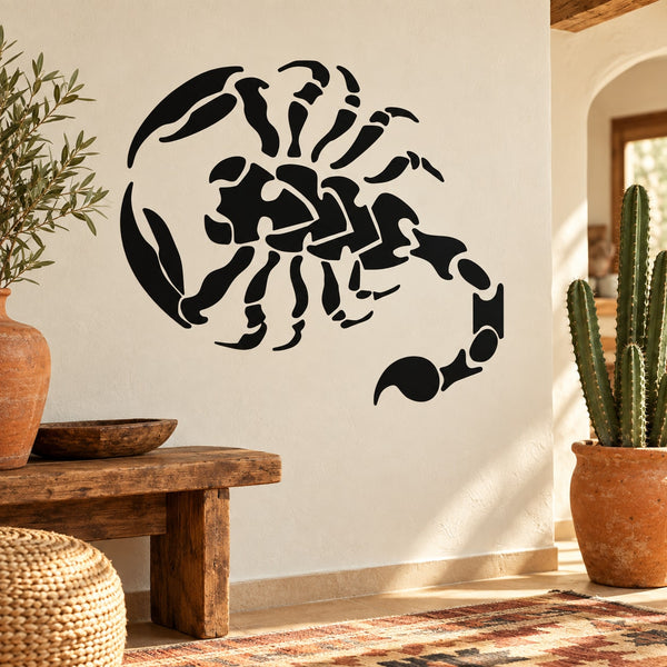 Tattoo-style scorpion decal, black venomous scorpion silhouette on light surface