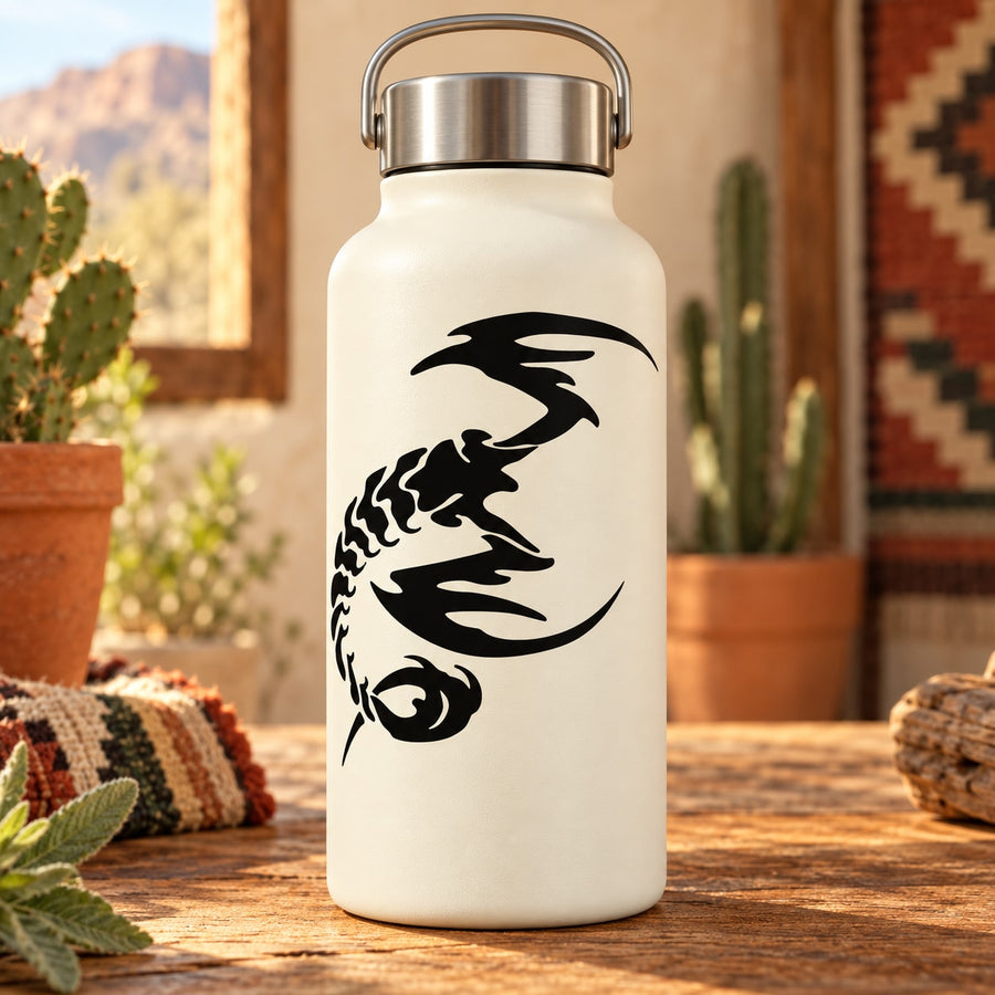 Elongated scorpion decal with black scorpion artwork on a light bottle