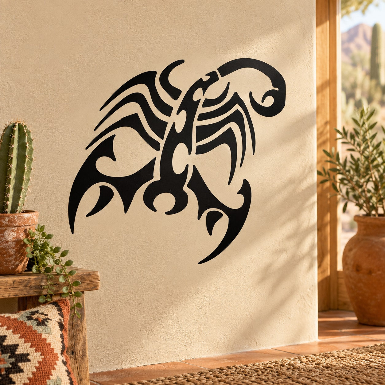Black abstract scorpion wall decal on light beige surface