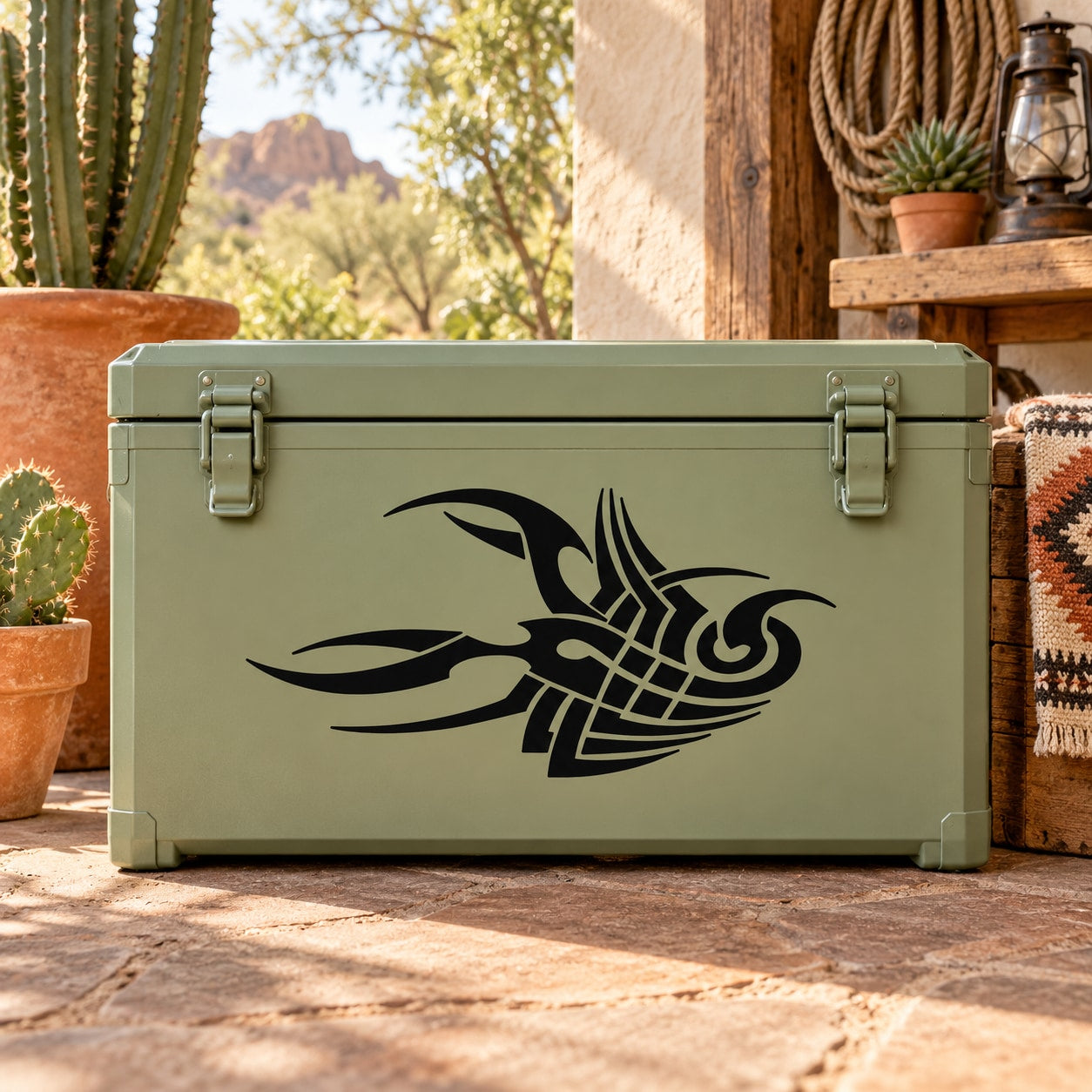 Green storage trunk with black scorpion woven decal and side latches