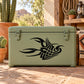 Green storage trunk with black scorpion woven decal and side latches