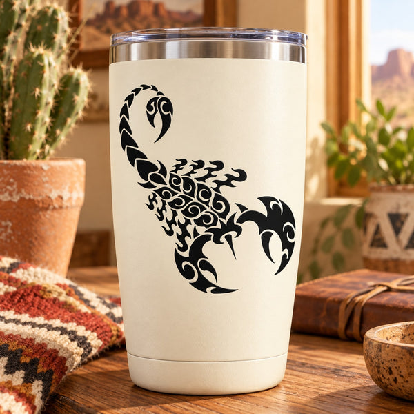 White tumbler with black scorpion decal, intricate swirling pattern
