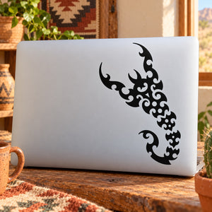 Black fractal scorpion decal on white laptop lid