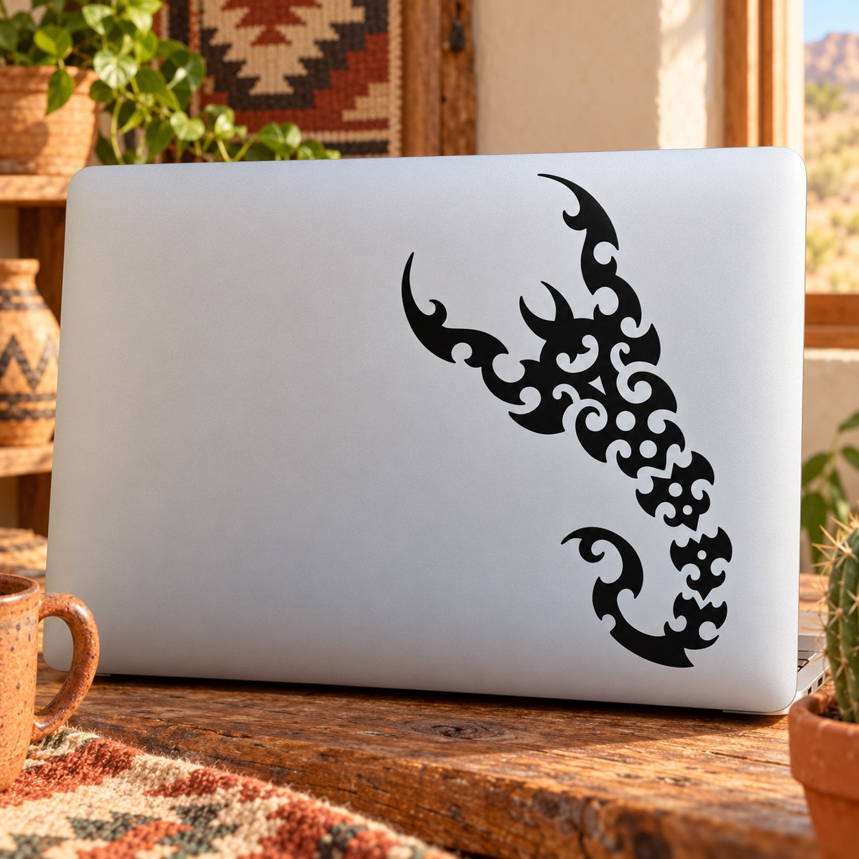 Black fractal scorpion decal on white laptop lid