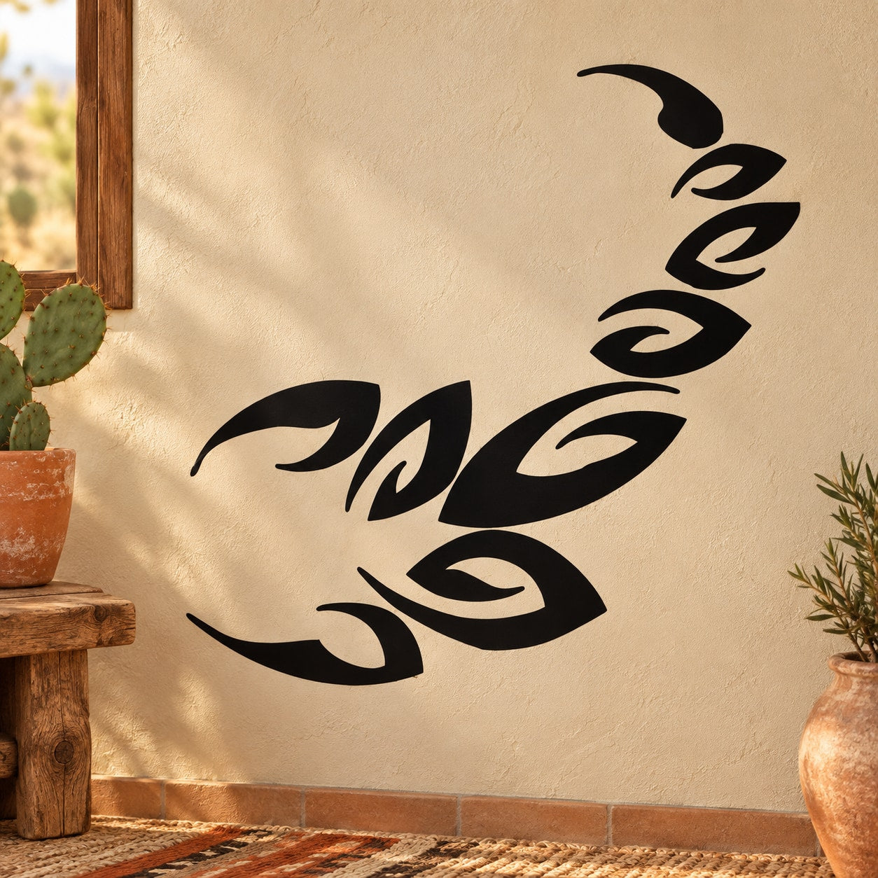 Abstract scorpion wall decal, black swirl design on a beige surface
