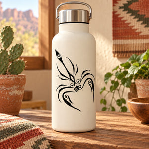 White insulated bottle with black abstract scorpion decal, flip-top lid.