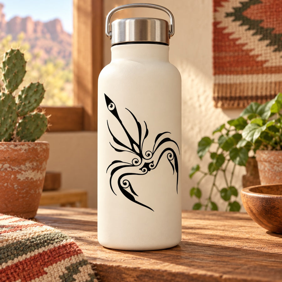White insulated bottle with black abstract scorpion decal, flip-top lid.