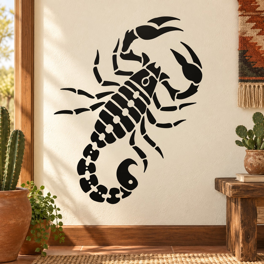 Black scorpion crawling wall decal with segmented tail and claws