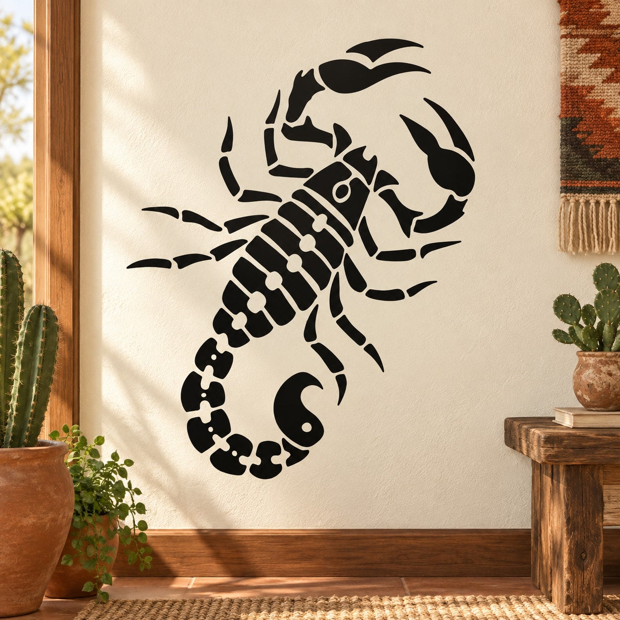 Black scorpion crawling wall decal with segmented tail and claws
