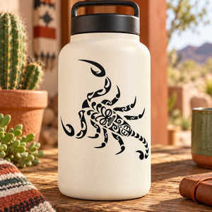 Water bottle with tribal scorpion decal and black lid
